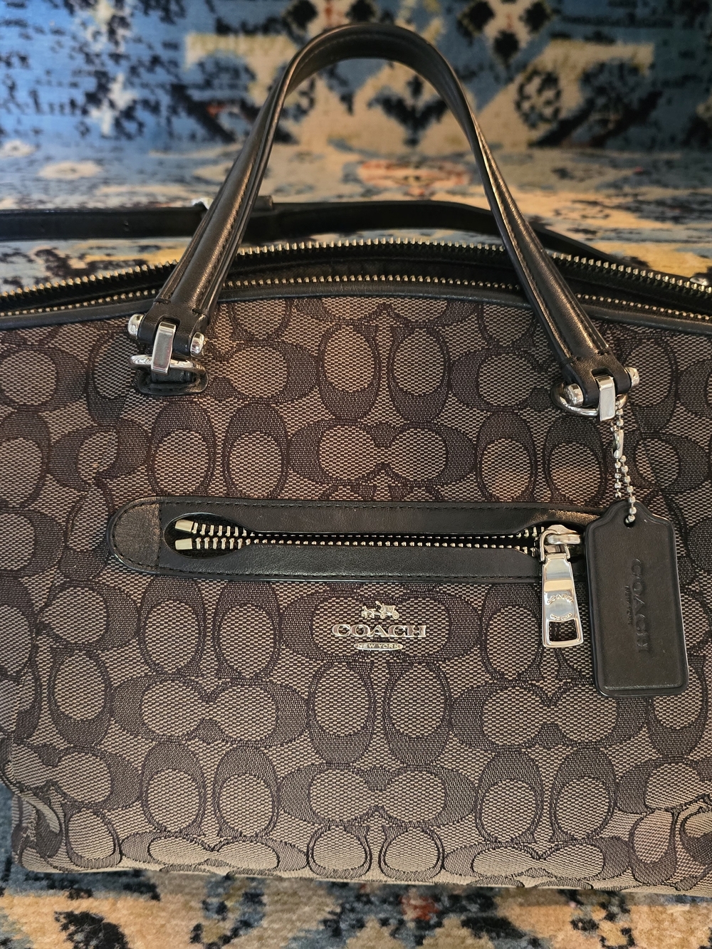 Coach Brown Signature Monogram Satchel with Black Trim